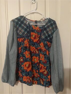 ivy jane Blue Plaid and Orange Floral Mixed-Print Blouse